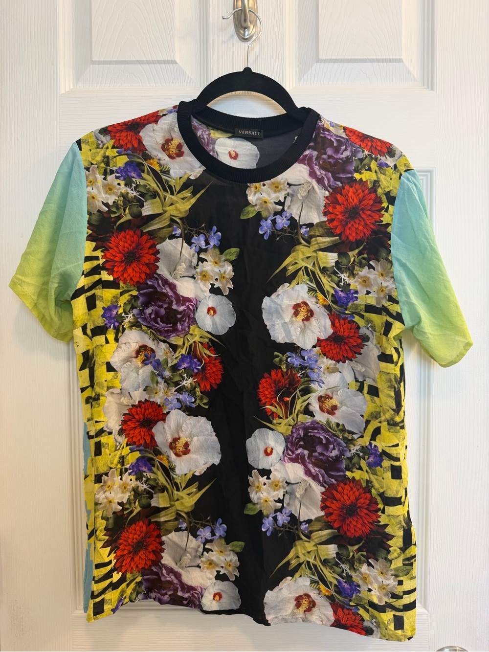 Versace Floral Silk Tee with Green Accent Sleeves